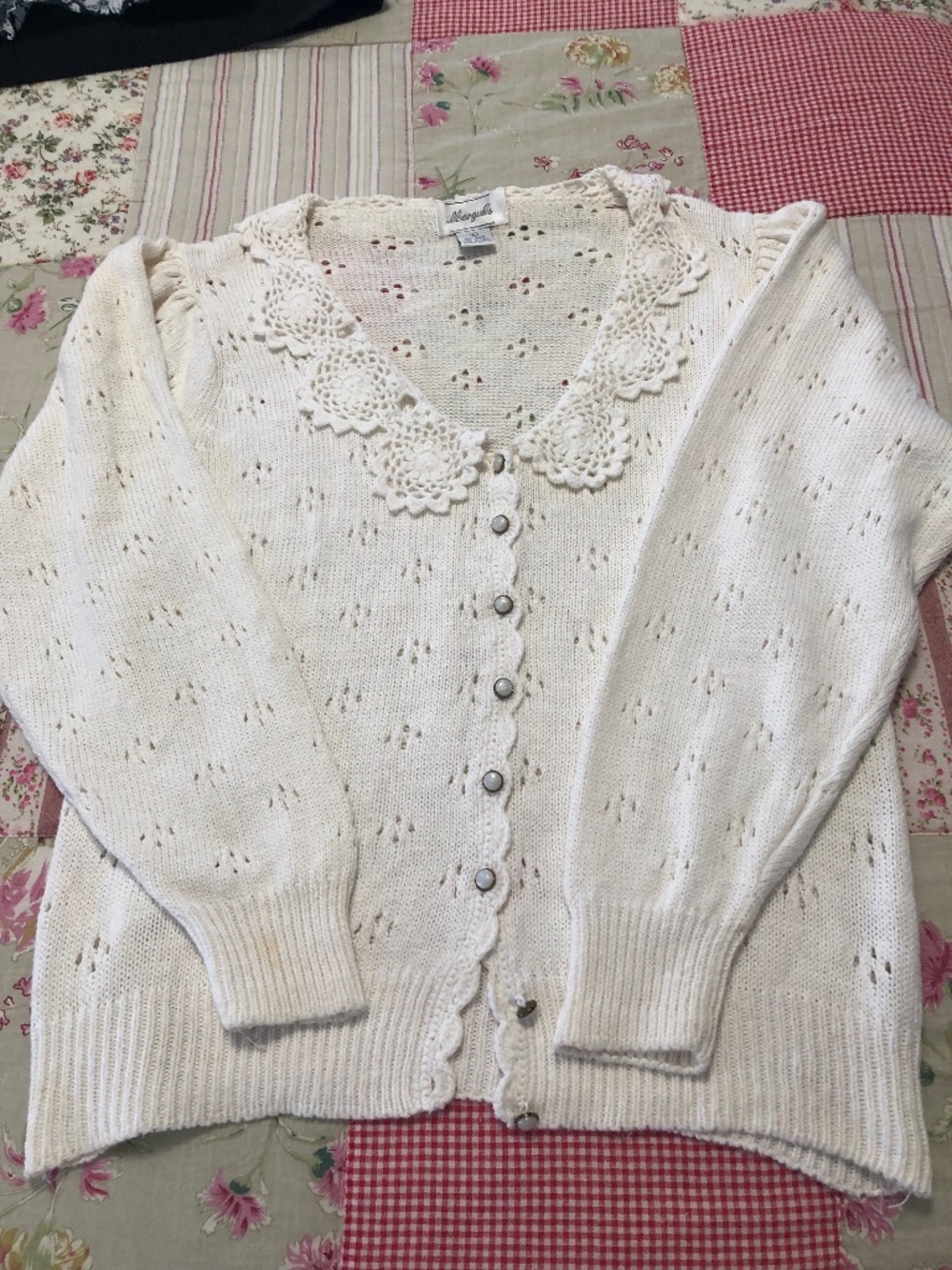 Margules  VTG   Cream Sweater Size L Cotton Crocheted Collar Pearl Buttons